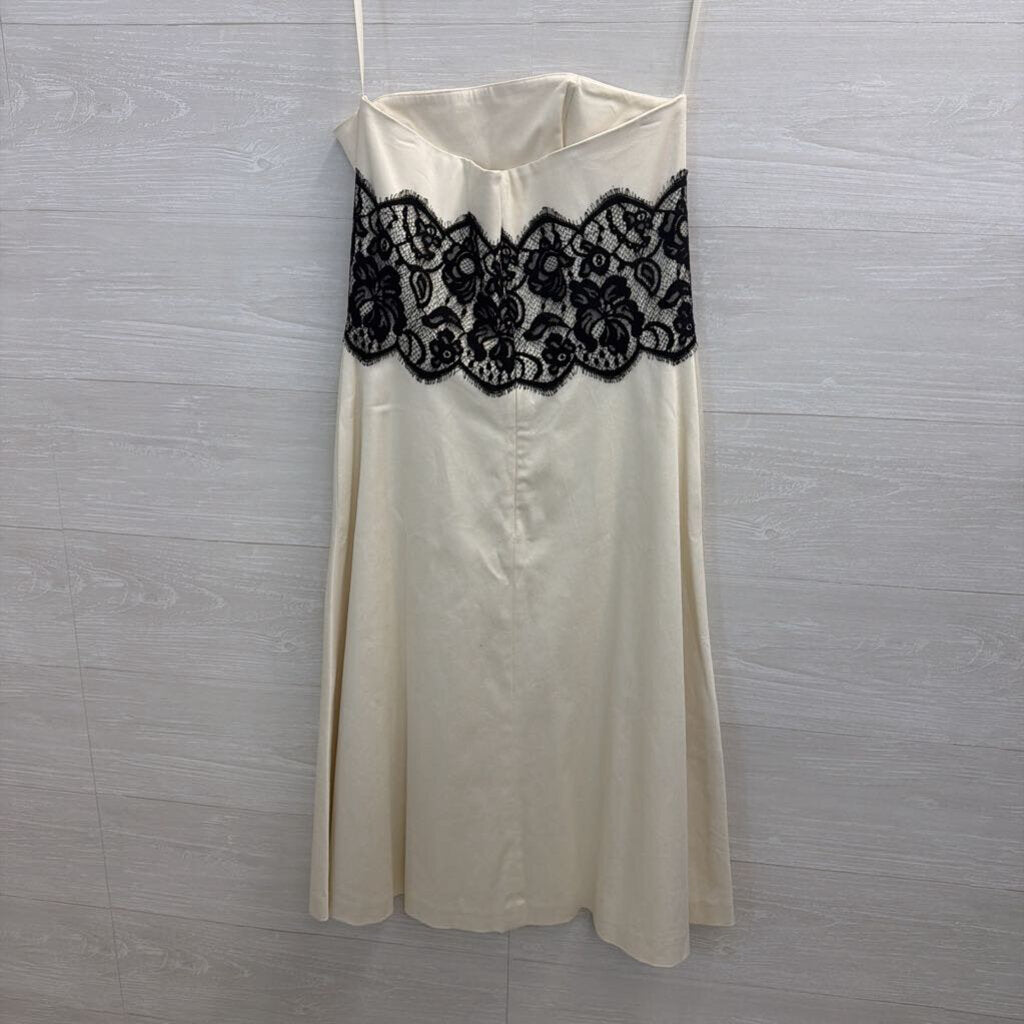 White House Black Market Cream/ Black Lace Detail Strapless Midi Dress 6