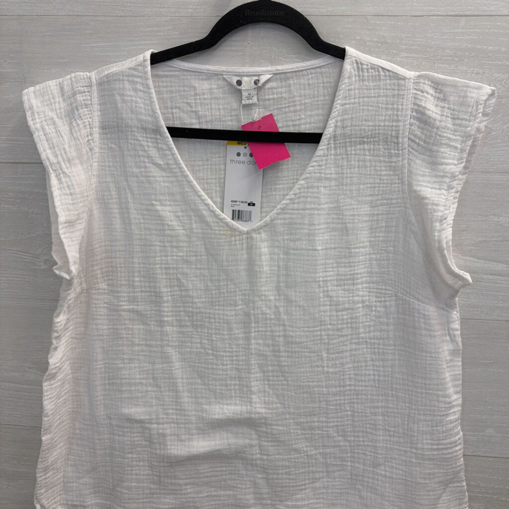 Three Dots White Short Sleeve Gauze Top Medium