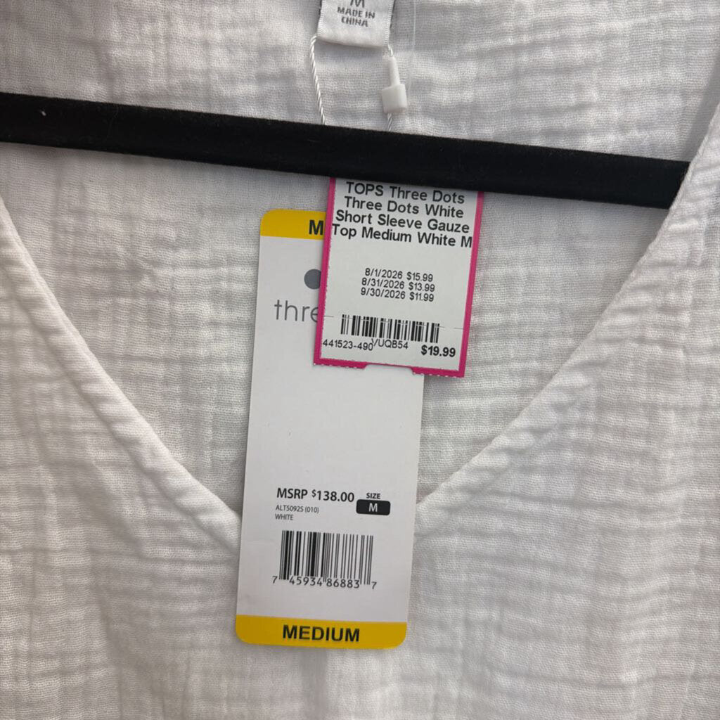 Three Dots White Short Sleeve Gauze Top Medium