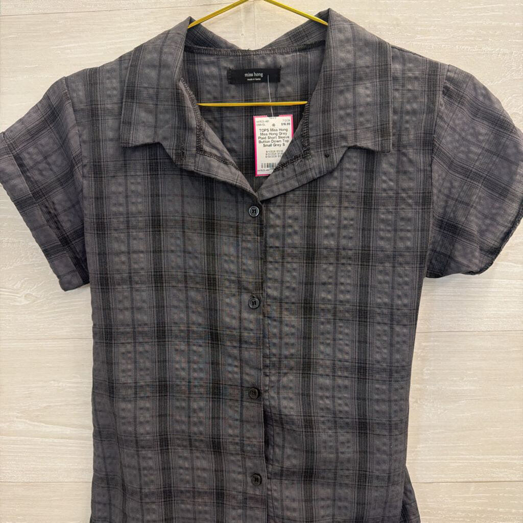 Miss Hong Grey Plaid Short Sleeve Button Down Top Small