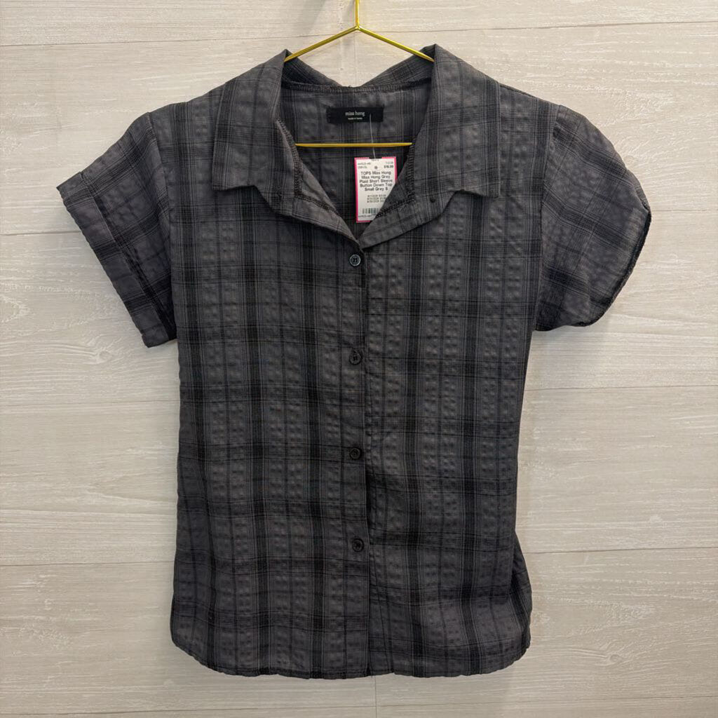 Miss Hong Grey Plaid Short Sleeve Button Down Top Small