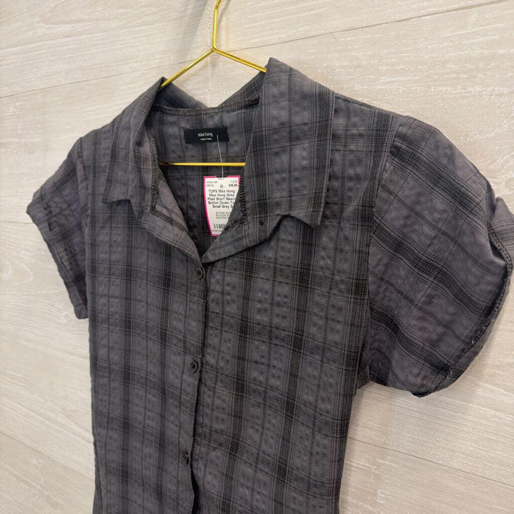 Miss Hong Grey Plaid Short Sleeve Button Down Top Small