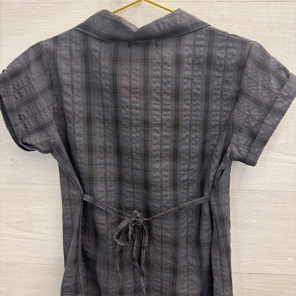 Miss Hong Grey Plaid Short Sleeve Button Down Top Small