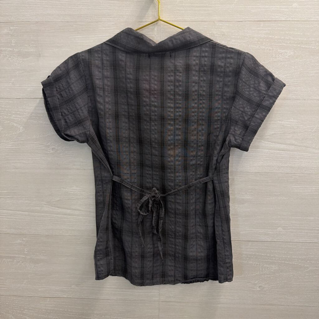 Miss Hong Grey Plaid Short Sleeve Button Down Top Small