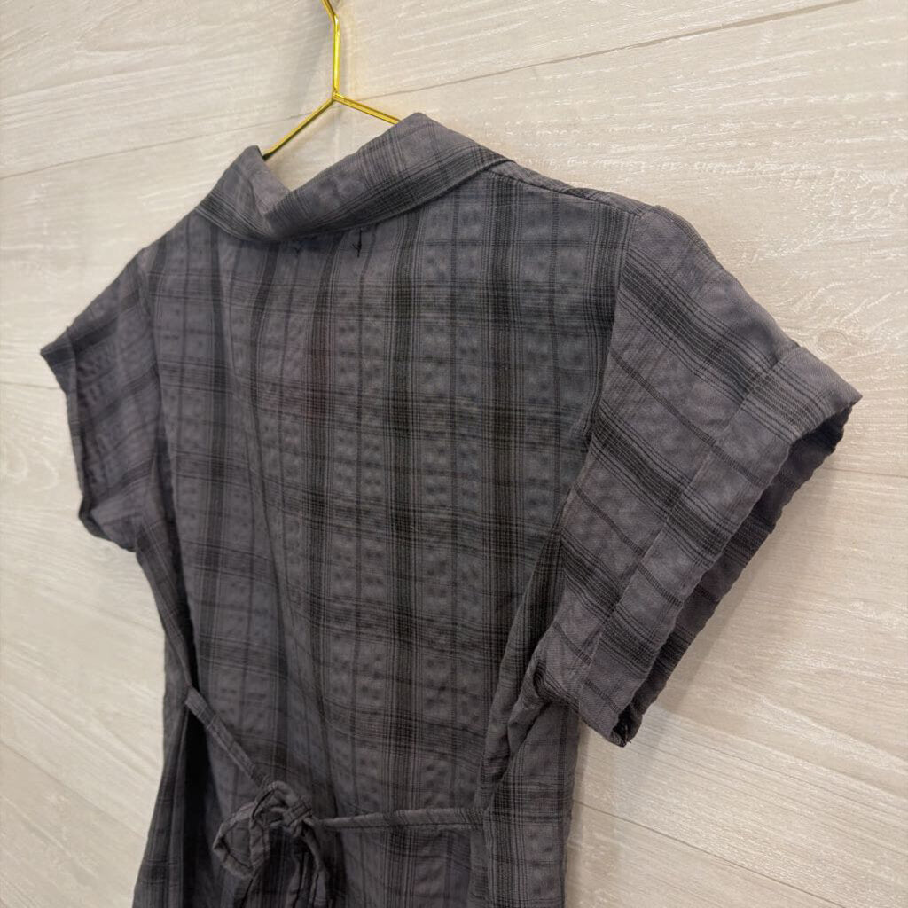 Miss Hong Grey Plaid Short Sleeve Button Down Top Small