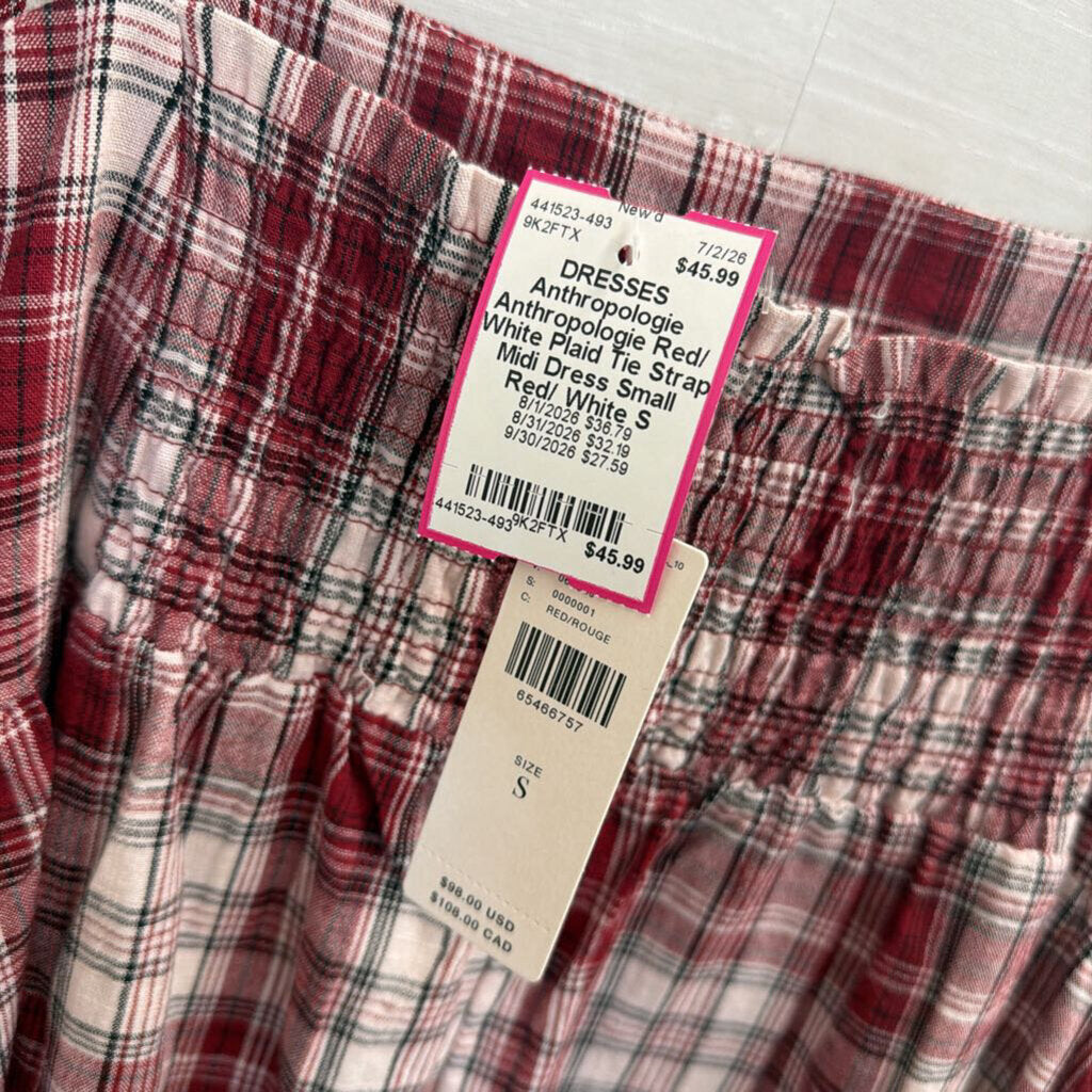 Anthropologie Red/ White Plaid Tie Strap Midi Dress Small