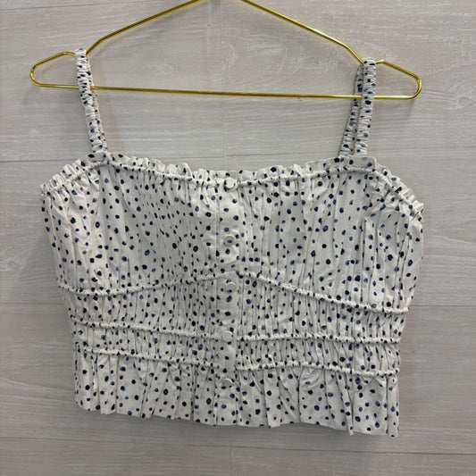 J Crew White/ Blue Dot Print Cropped Button Front Tank Top Small
