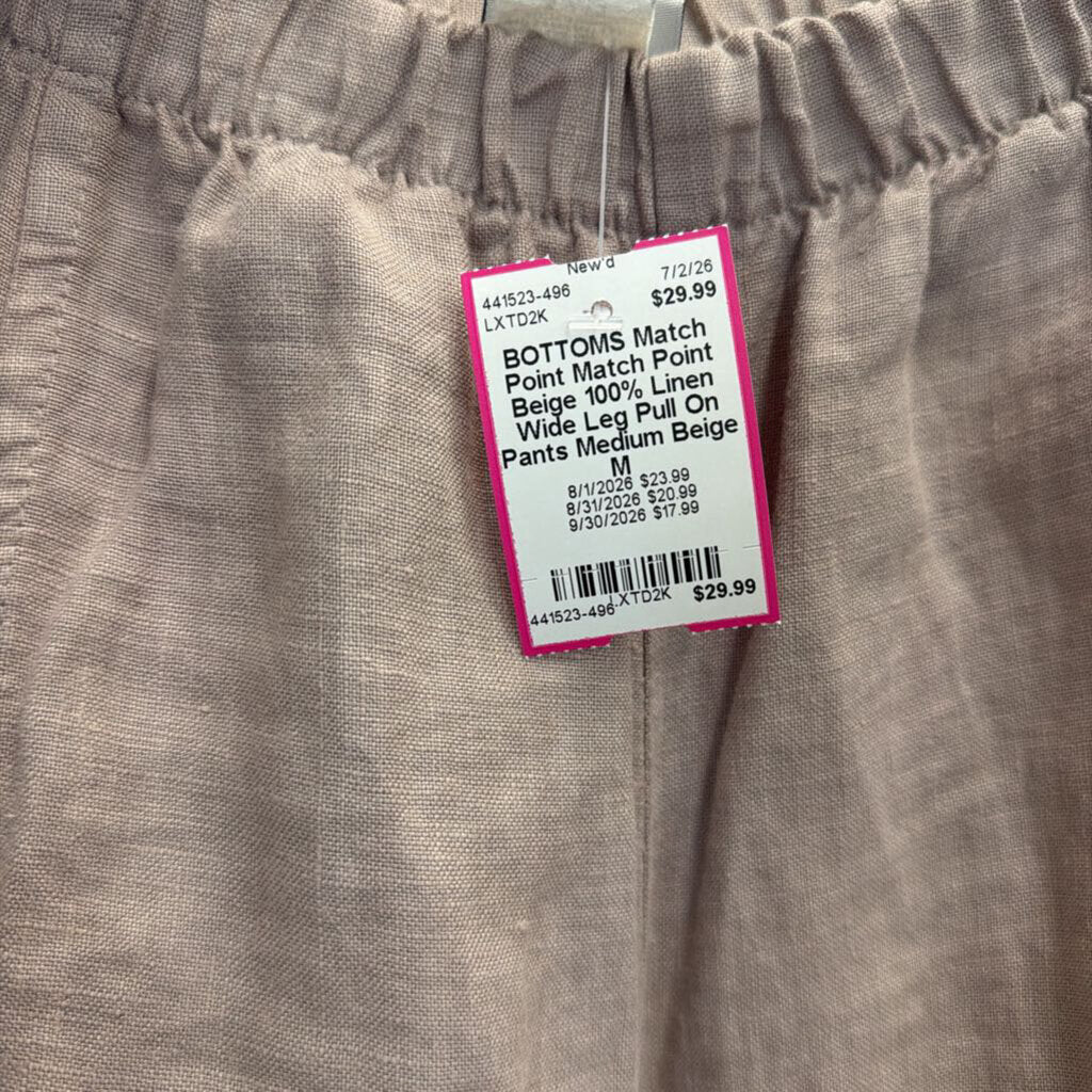 Match Point Beige 100% Linen Wide Leg Pull On Pants Medium