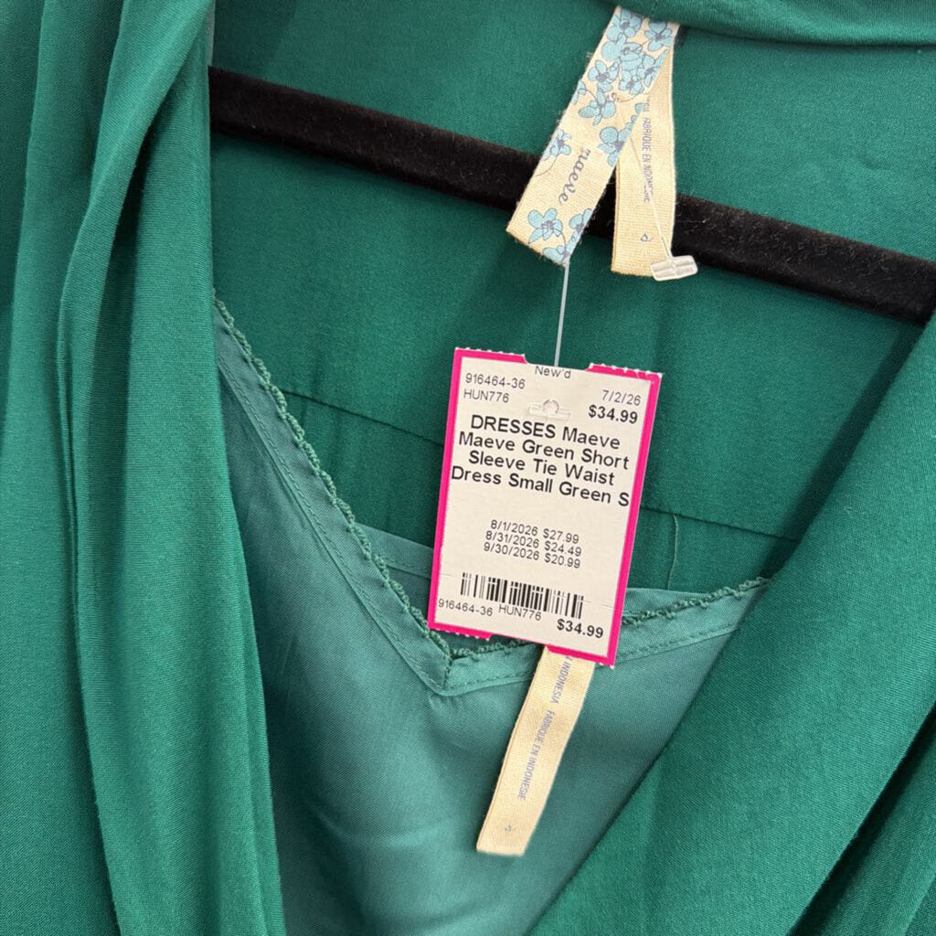 Maeve Green Short Sleeve Tie Waist Dress Small