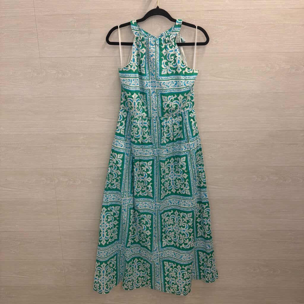 Talbots Green/ White Print High Neck Maxi Dress 2