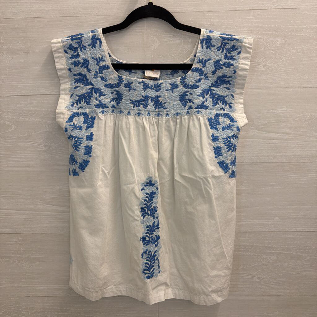 J Marie White/ Blue Embroidered Boxy Top Small