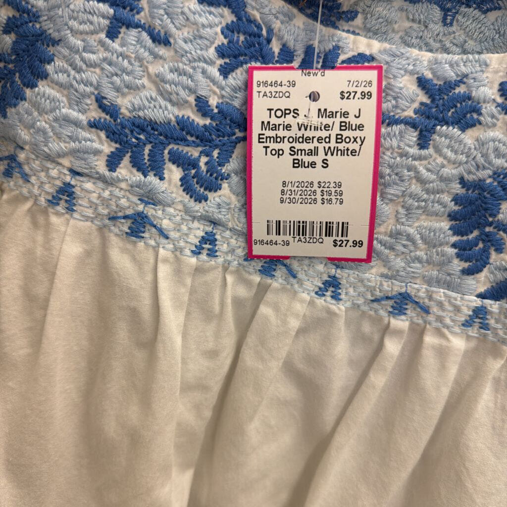 J Marie White/ Blue Embroidered Boxy Top Small