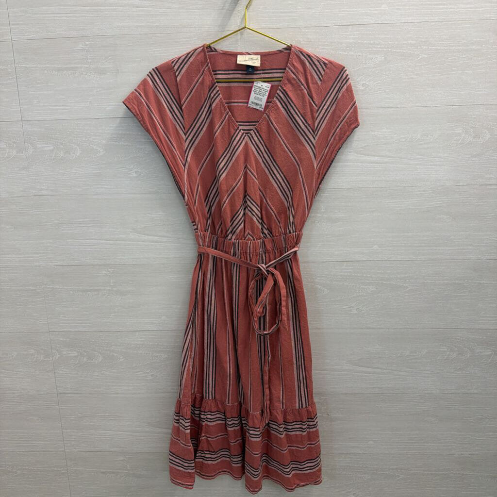 Pink Striped Short Sleeve Tie Waist Dress Extra Small