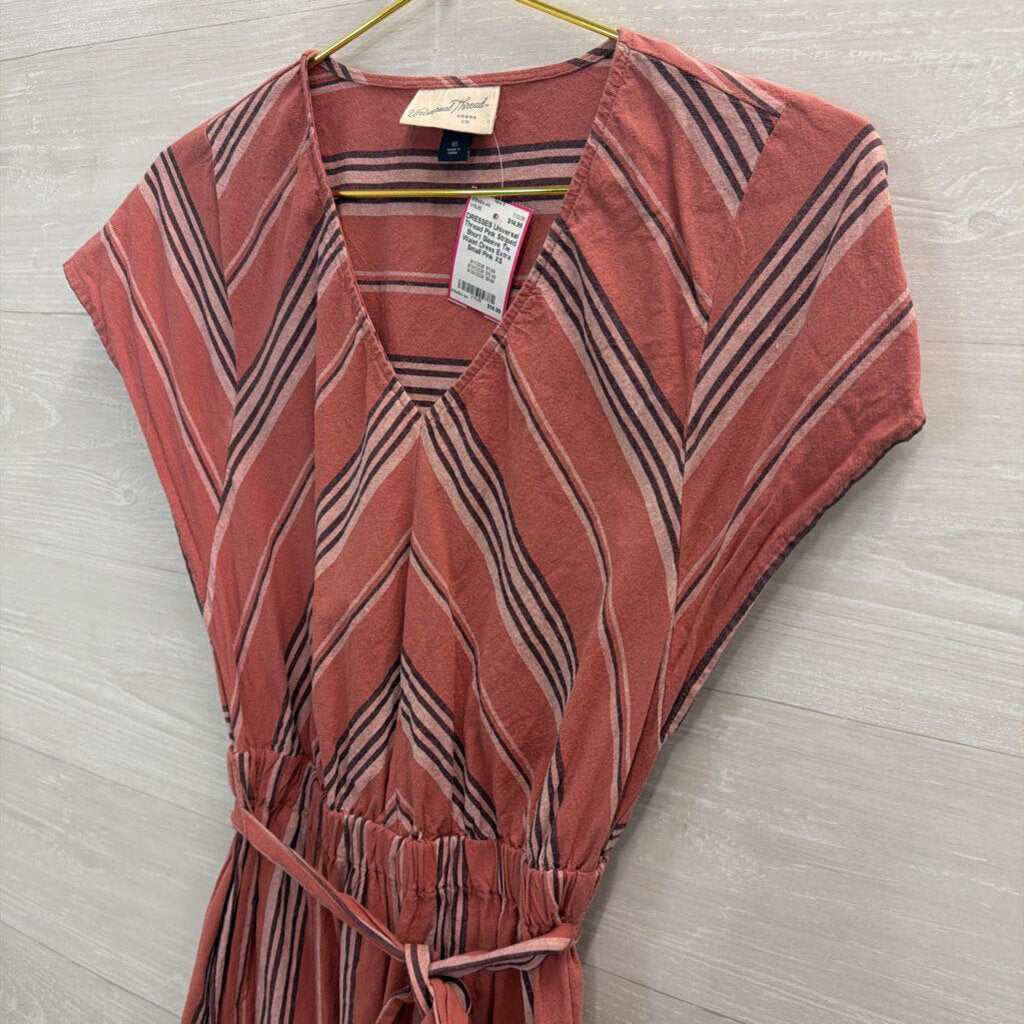 Pink Striped Short Sleeve Tie Waist Dress Extra Small