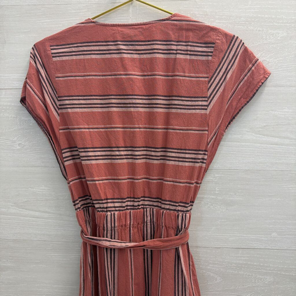 Pink Striped Short Sleeve Tie Waist Dress Extra Small