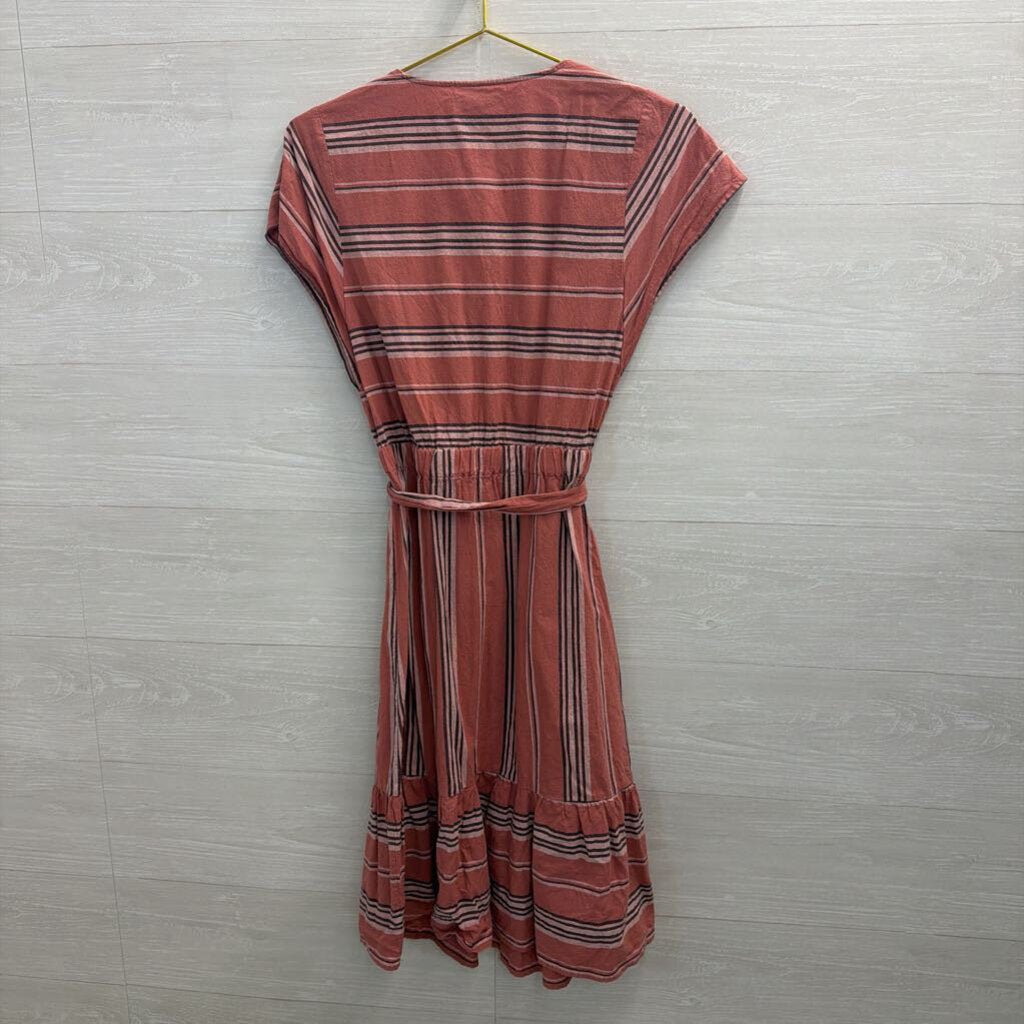 Pink Striped Short Sleeve Tie Waist Dress Extra Small