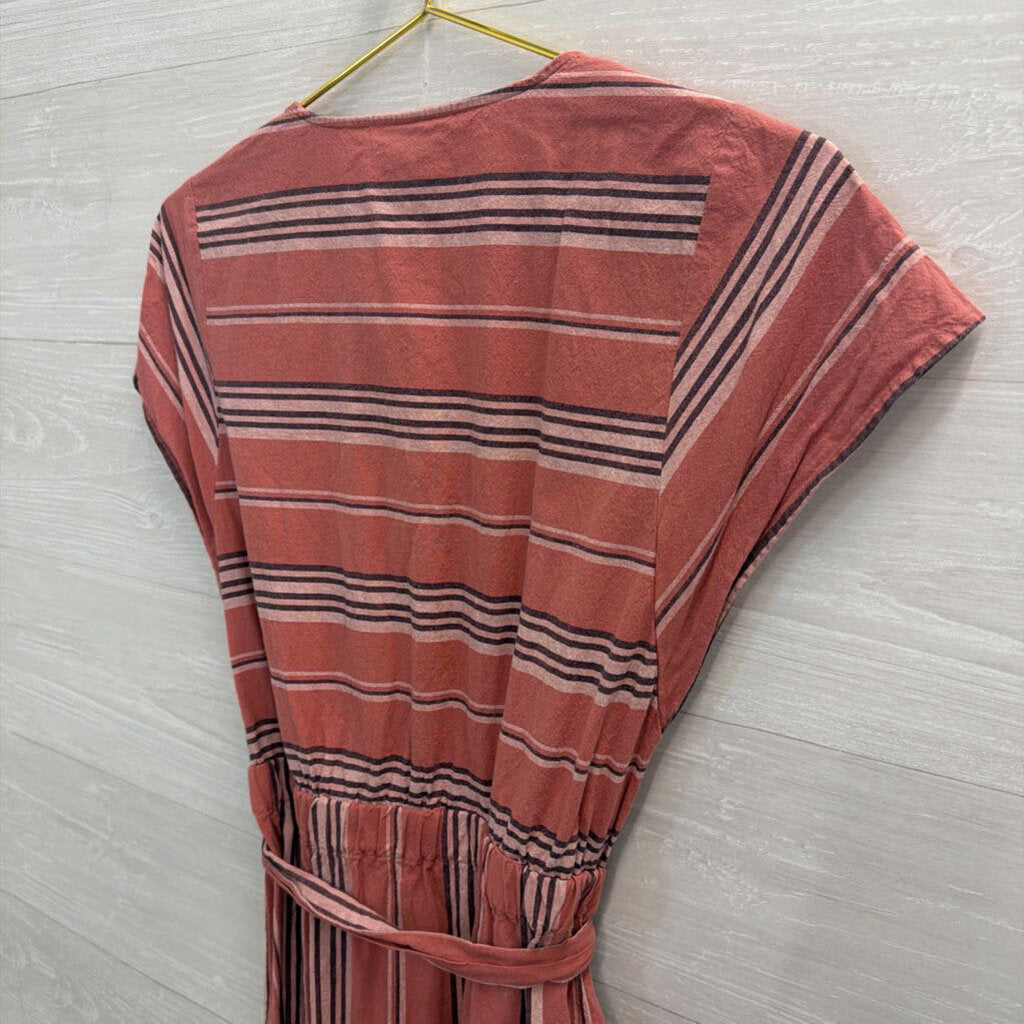 Pink Striped Short Sleeve Tie Waist Dress Extra Small