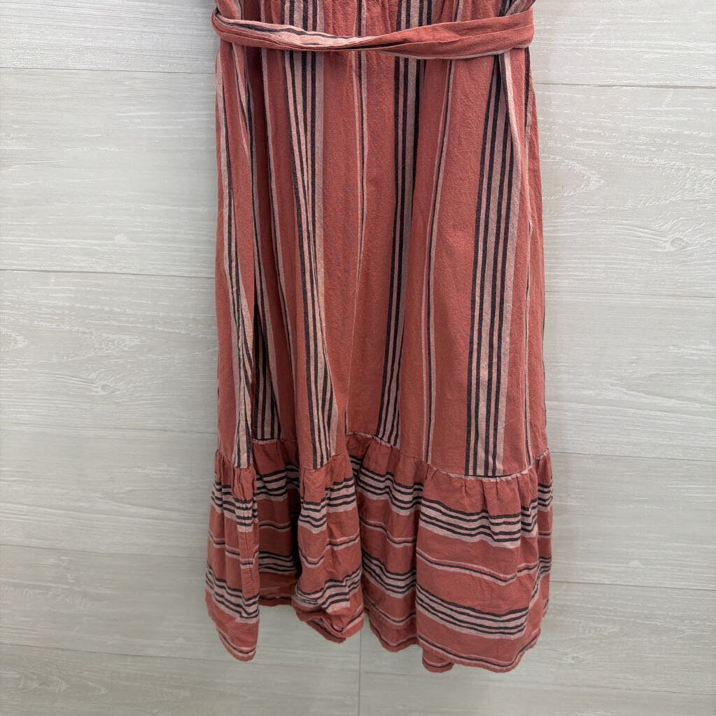 Pink Striped Short Sleeve Tie Waist Dress Extra Small