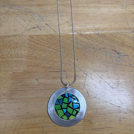 Silver/ Green Blue Stone Pendant Long Necklace