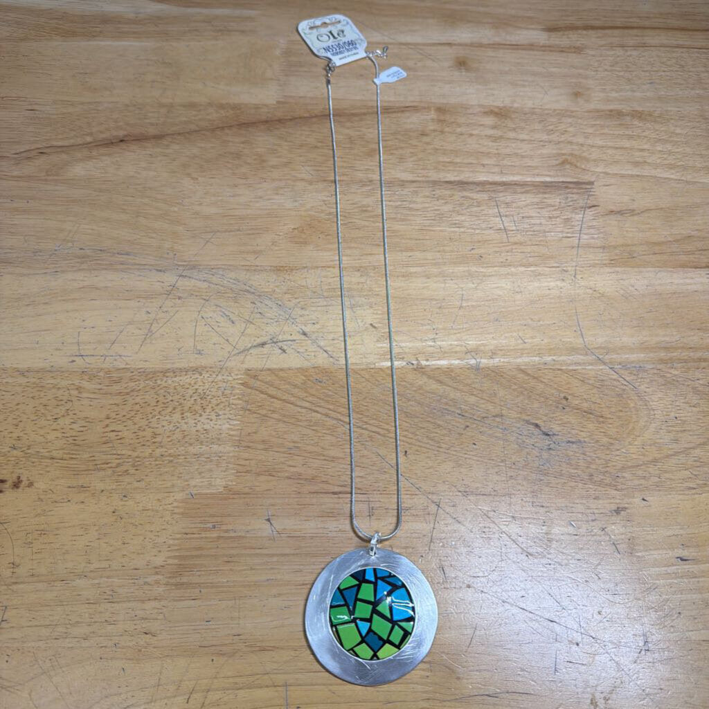 Silver/ Green Blue Stone Pendant Long Necklace