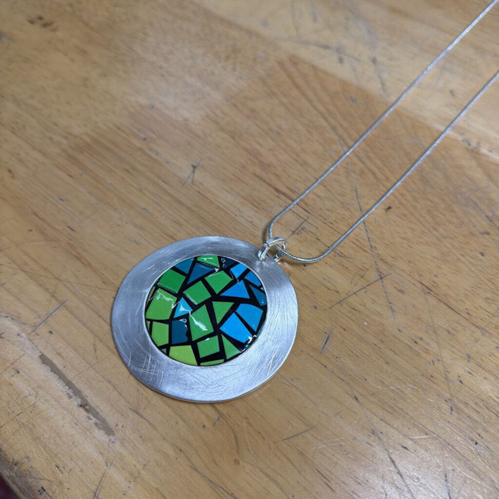 Silver/ Green Blue Stone Pendant Long Necklace