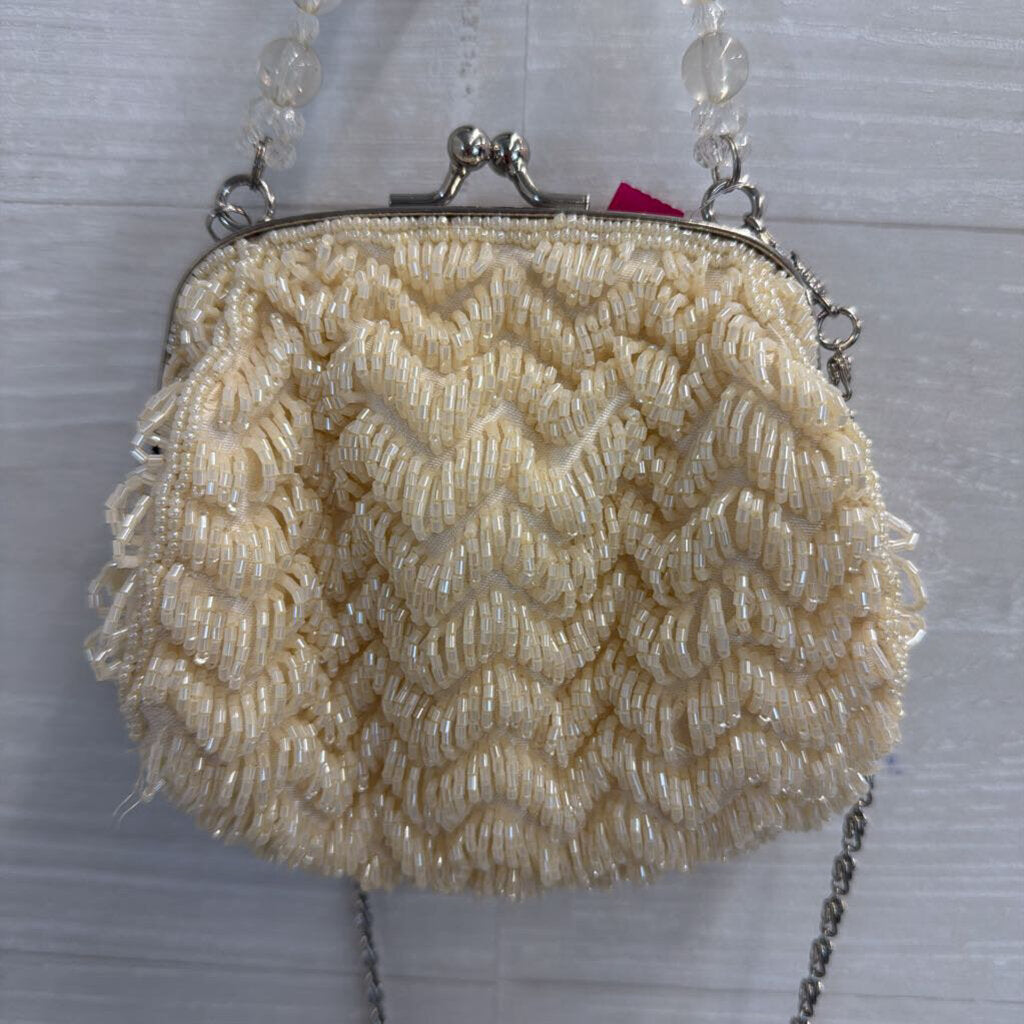 Cream Beaded Small Kiss Lock Purse