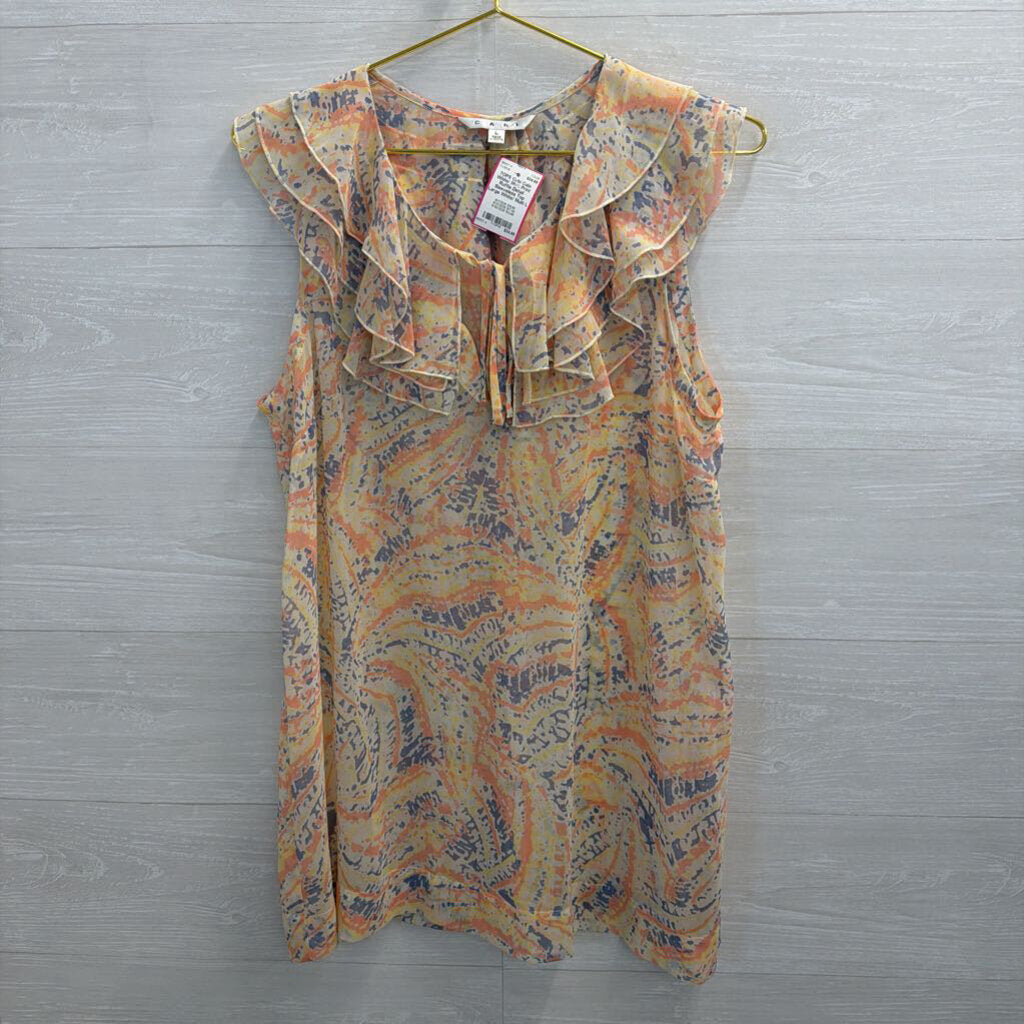 Cabi White/ Multi Print Ruffle Detail Sleeveless Top Large