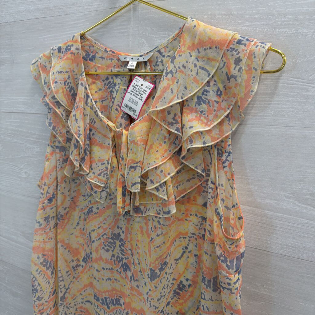 Cabi White/ Multi Print Ruffle Detail Sleeveless Top Large