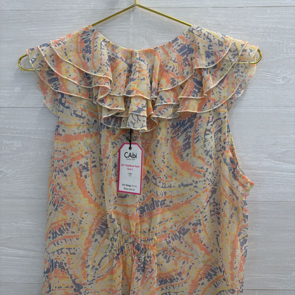 Cabi White/ Multi Print Ruffle Detail Sleeveless Top Large