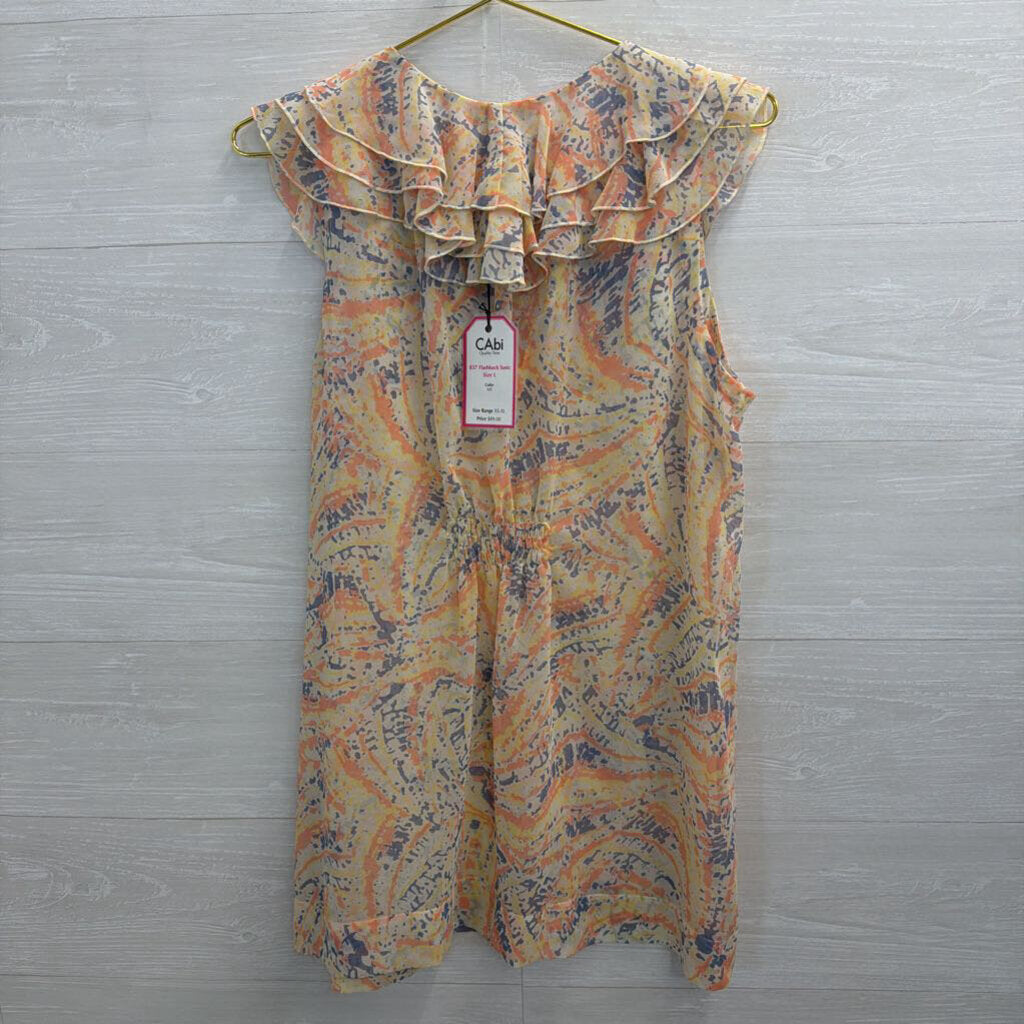 Cabi White/ Multi Print Ruffle Detail Sleeveless Top Large