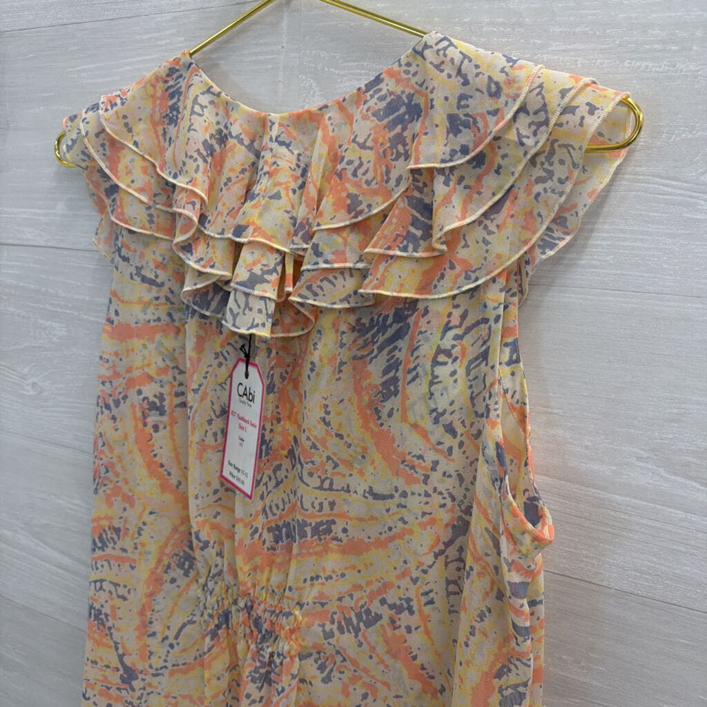 Cabi White/ Multi Print Ruffle Detail Sleeveless Top Large
