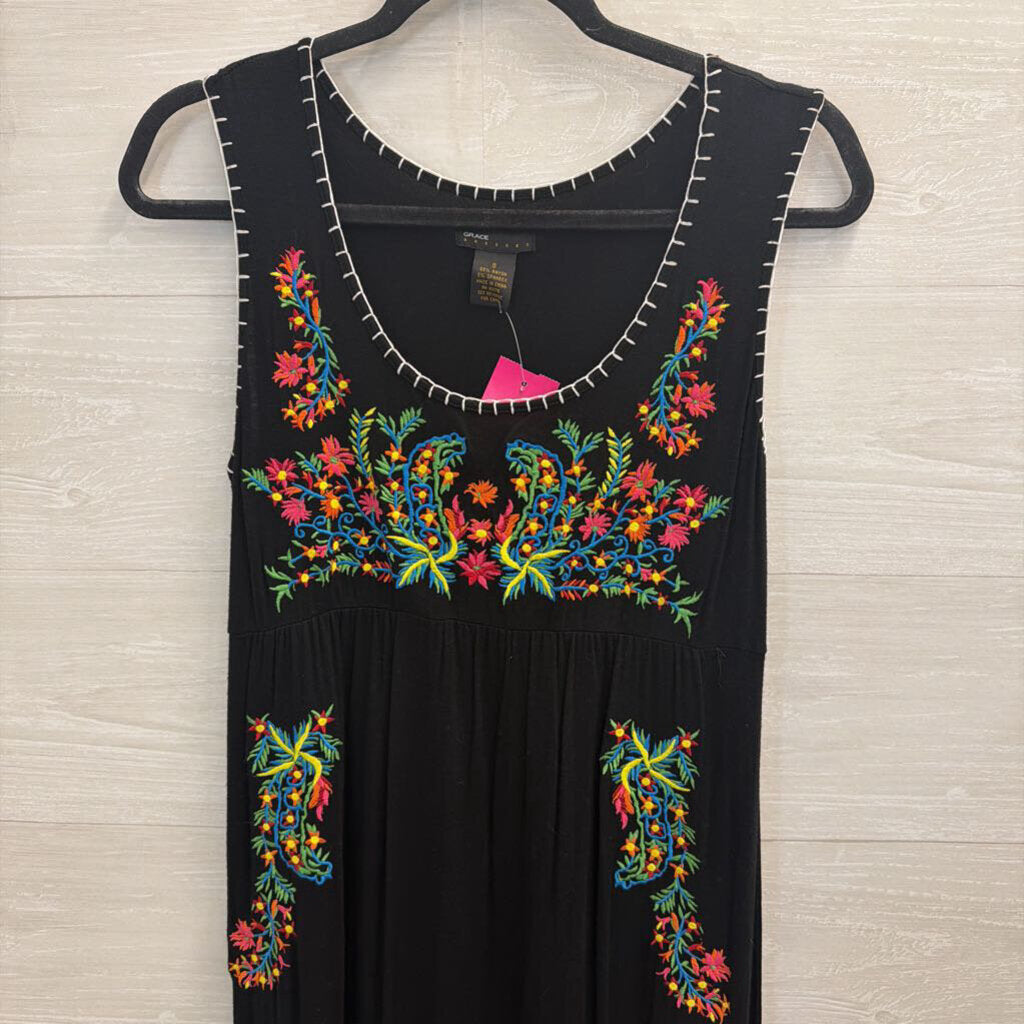 Grace Dresses Black/ Multi Embroidered Sleeveless Maxi Dress Small