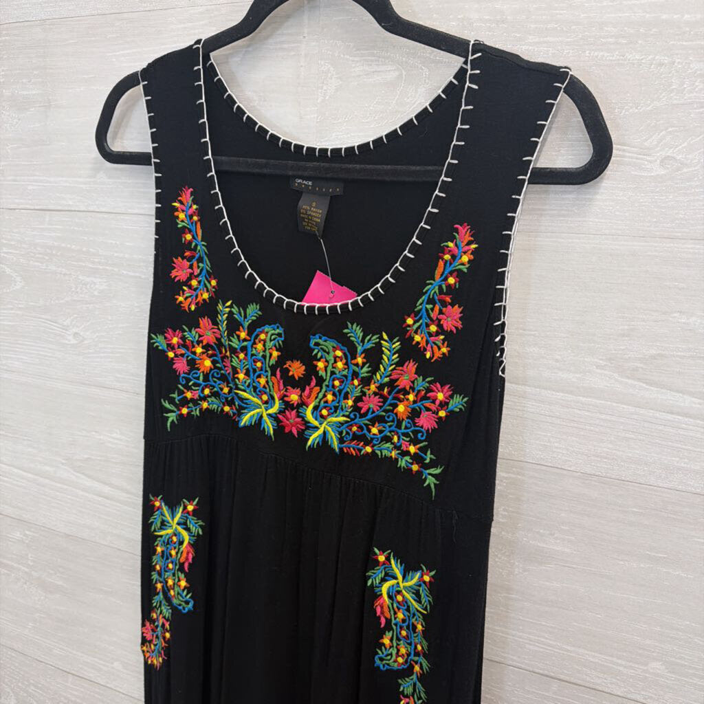 Grace Dresses Black/ Multi Embroidered Sleeveless Maxi Dress Small