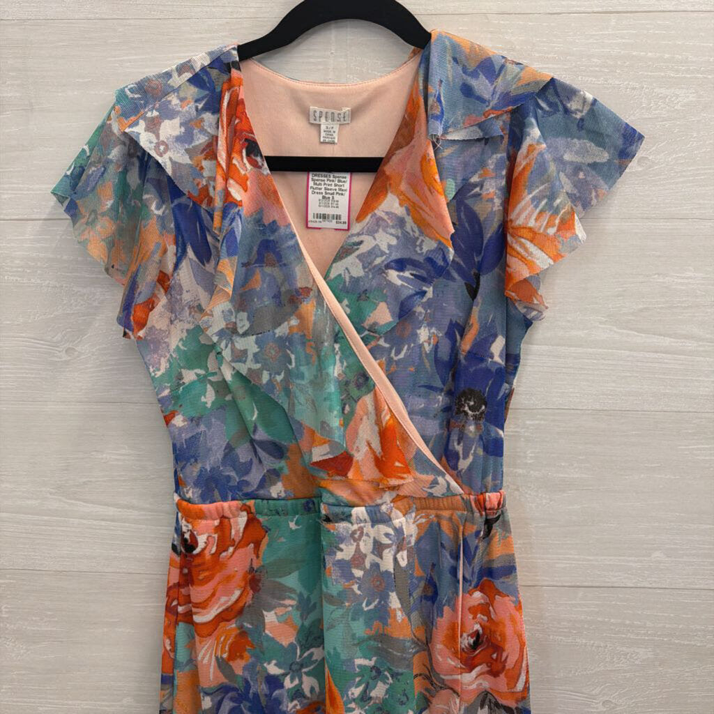 Spense Pink/ Blue/ Multi Print Short Flutter Sleeve Maxi Dress Small