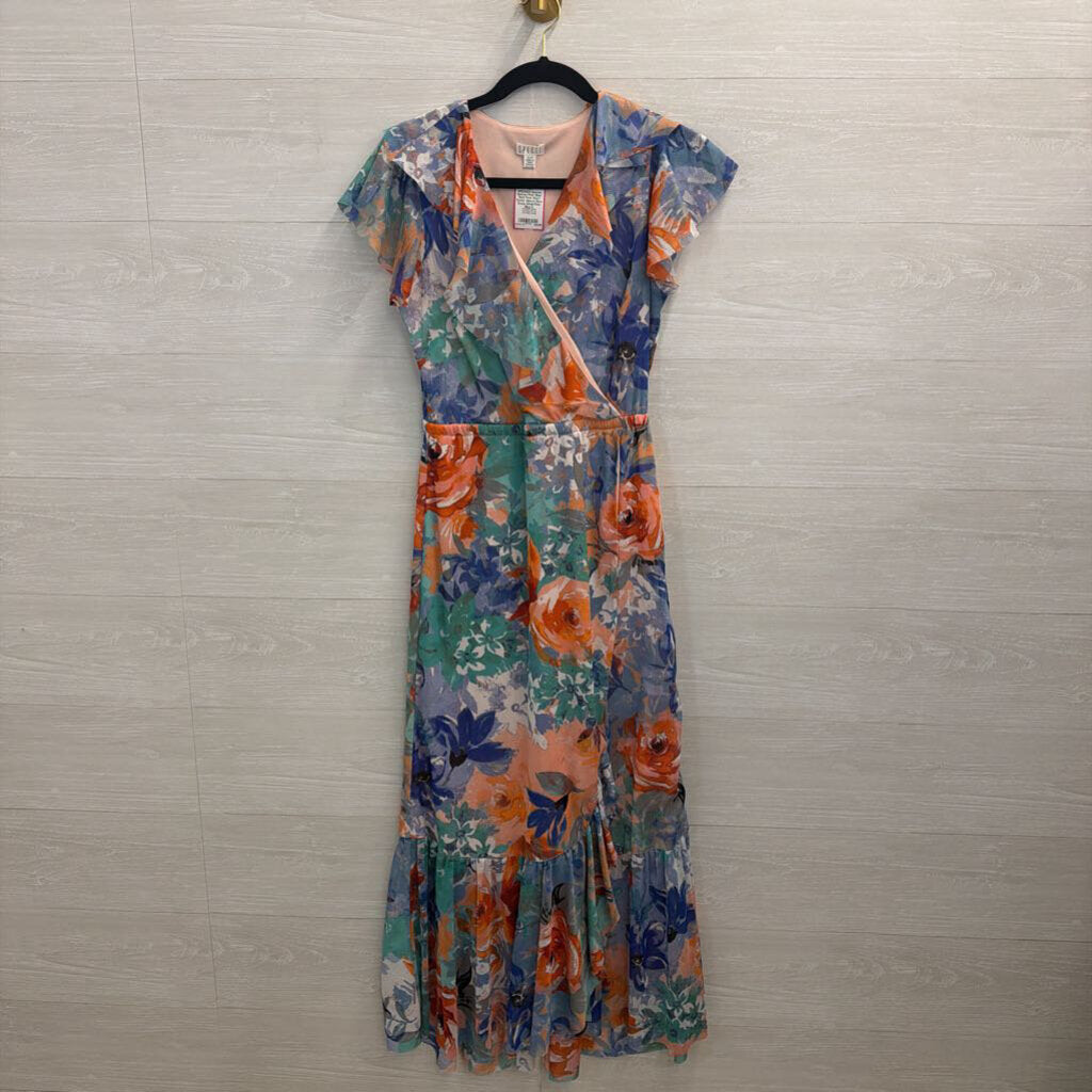 Spense Pink/ Blue/ Multi Print Short Flutter Sleeve Maxi Dress Small