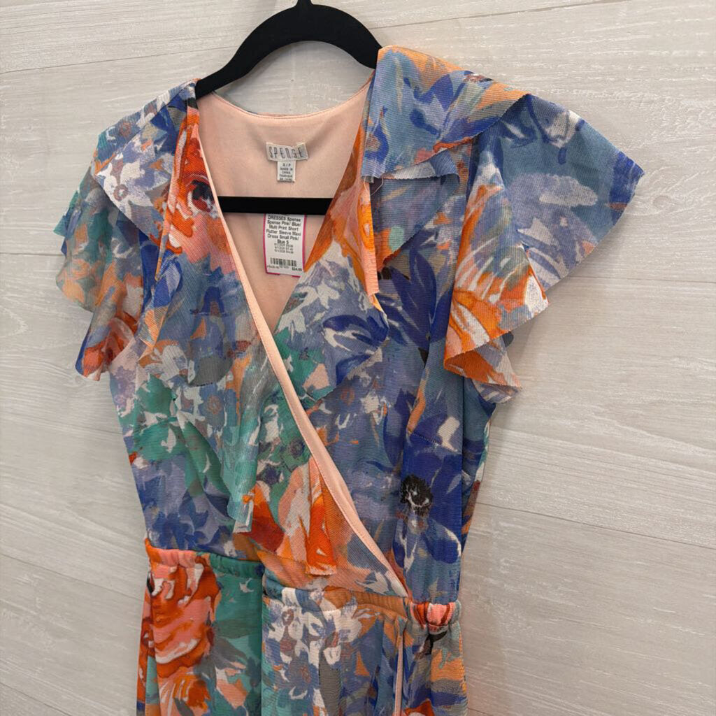 Spense Pink/ Blue/ Multi Print Short Flutter Sleeve Maxi Dress Small