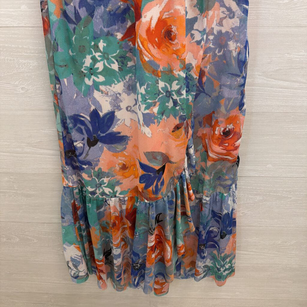 Spense Pink/ Blue/ Multi Print Short Flutter Sleeve Maxi Dress Small