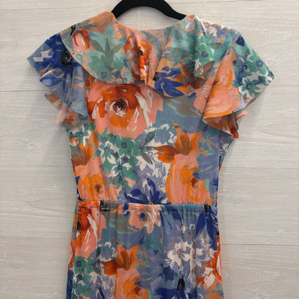 Spense Pink/ Blue/ Multi Print Short Flutter Sleeve Maxi Dress Small