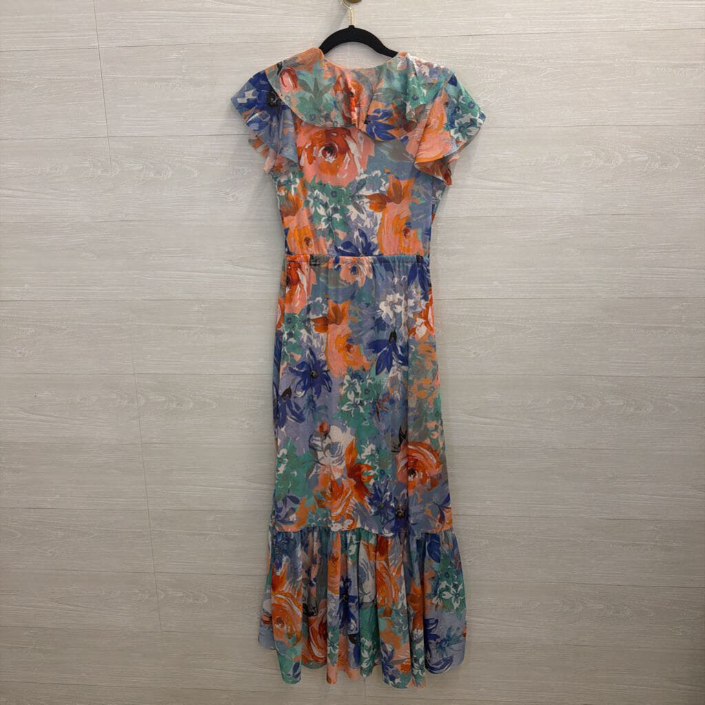 Spense Pink/ Blue/ Multi Print Short Flutter Sleeve Maxi Dress Small