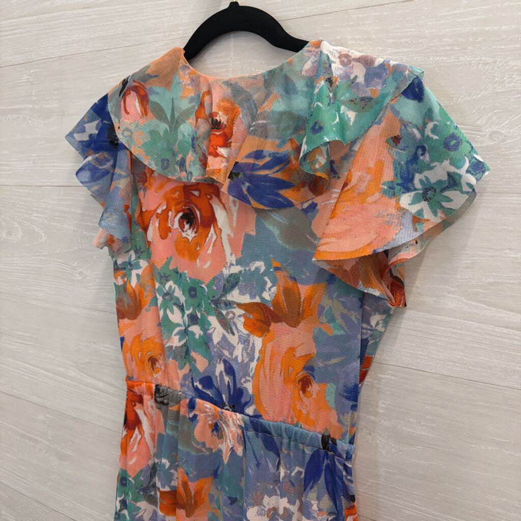 Spense Pink/ Blue/ Multi Print Short Flutter Sleeve Maxi Dress Small