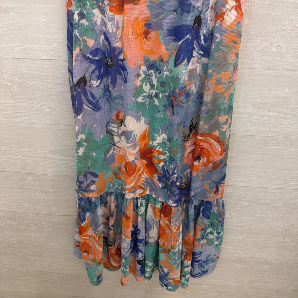 Spense Pink/ Blue/ Multi Print Short Flutter Sleeve Maxi Dress Small