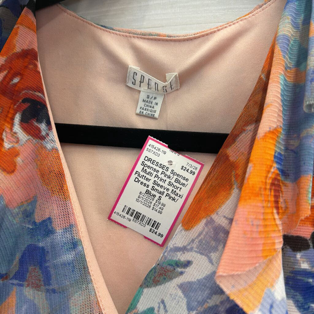 Spense Pink/ Blue/ Multi Print Short Flutter Sleeve Maxi Dress Small