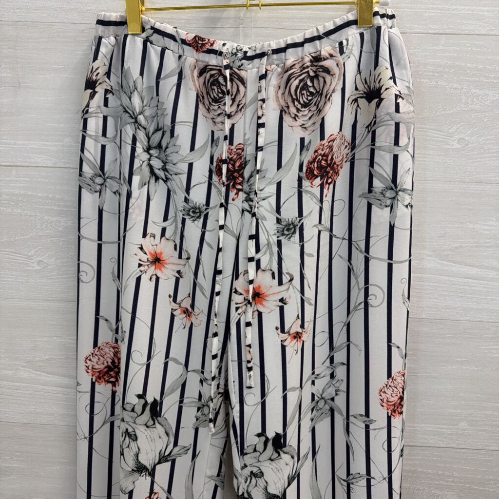 Premise Studio White/ Black Striped Floral Wide Leg Pants Small