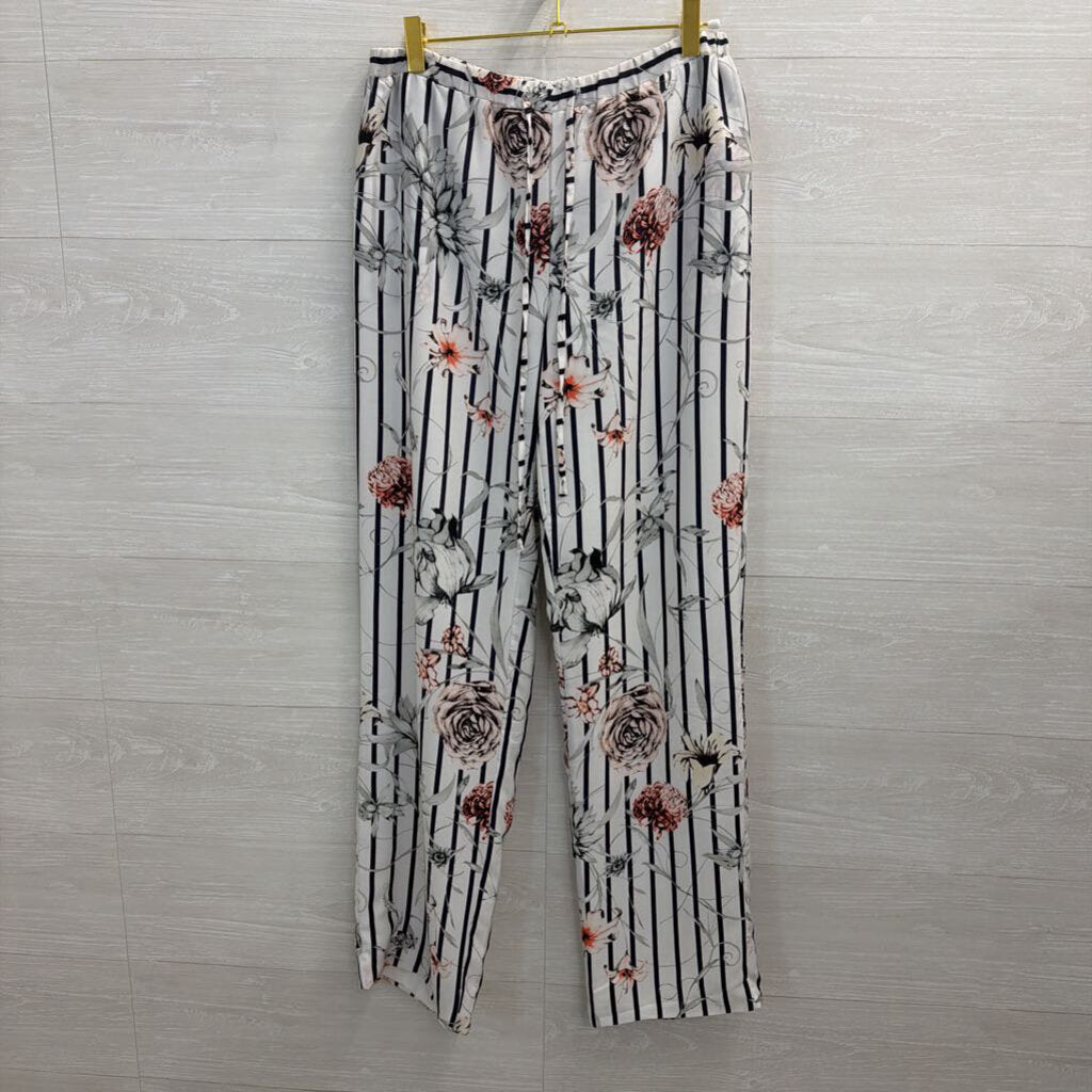 Premise Studio White/ Black Striped Floral Wide Leg Pants Small