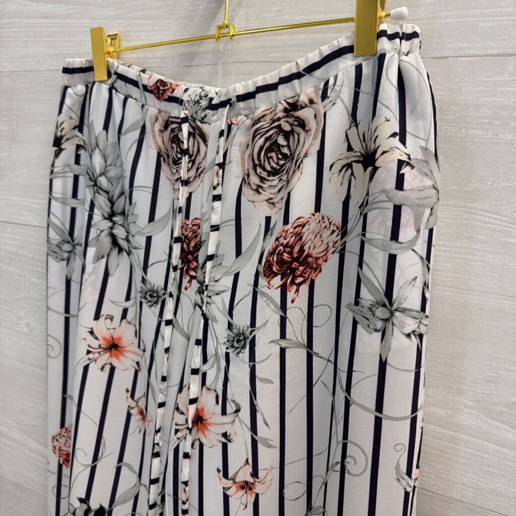 Premise Studio White/ Black Striped Floral Wide Leg Pants Small