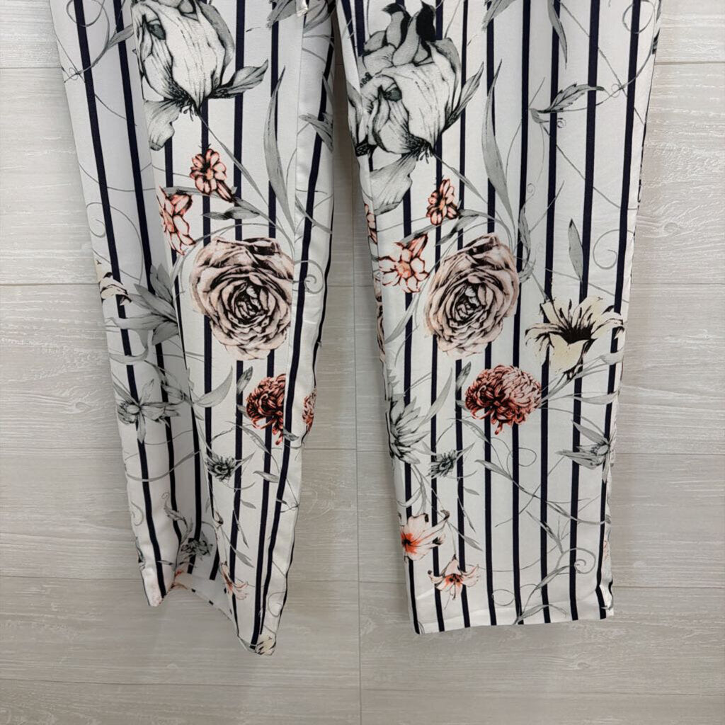 Premise Studio White/ Black Striped Floral Wide Leg Pants Small