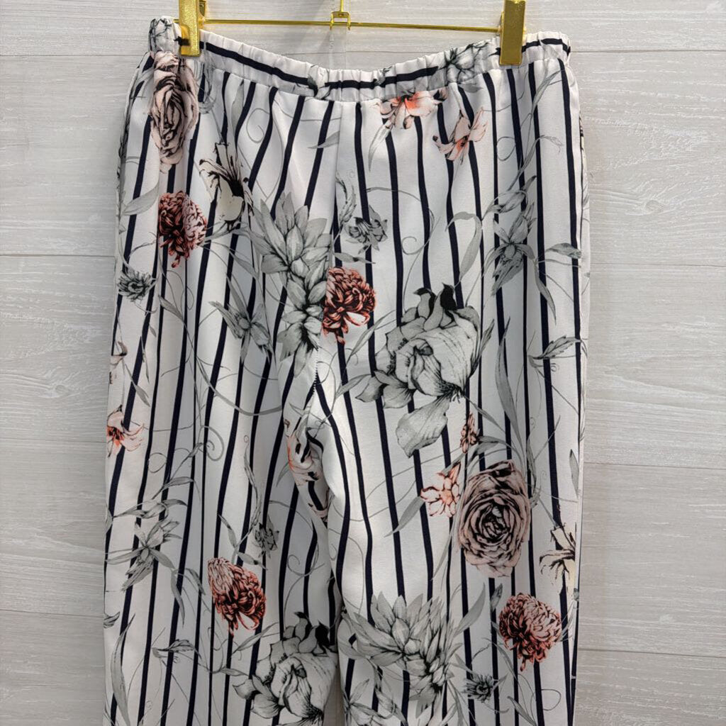 Premise Studio White/ Black Striped Floral Wide Leg Pants Small