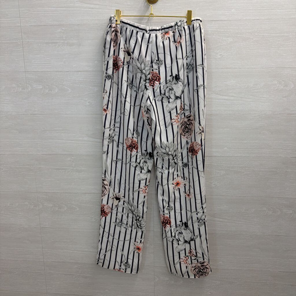 Premise Studio White/ Black Striped Floral Wide Leg Pants Small