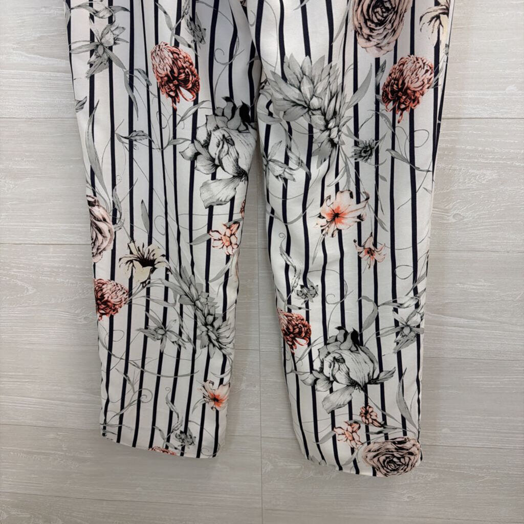 Premise Studio White/ Black Striped Floral Wide Leg Pants Small