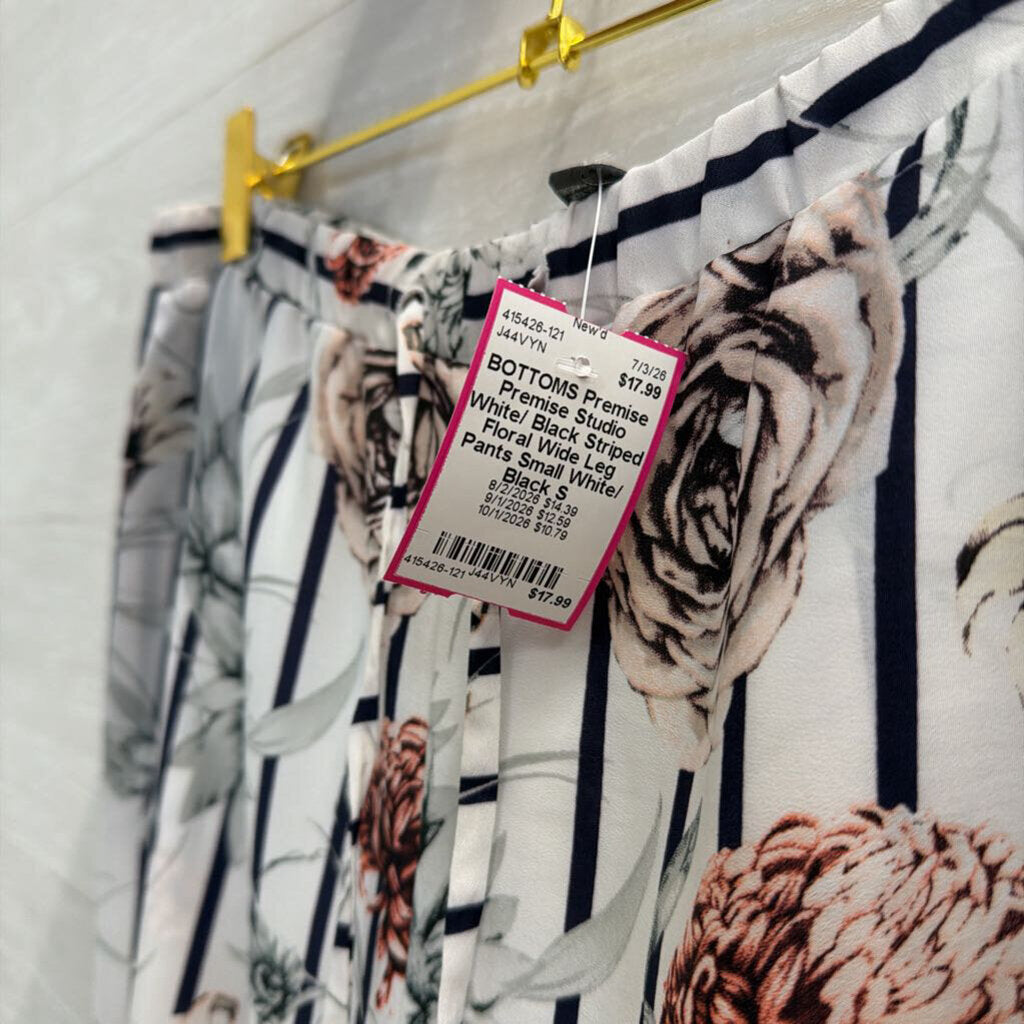 Premise Studio White/ Black Striped Floral Wide Leg Pants Small